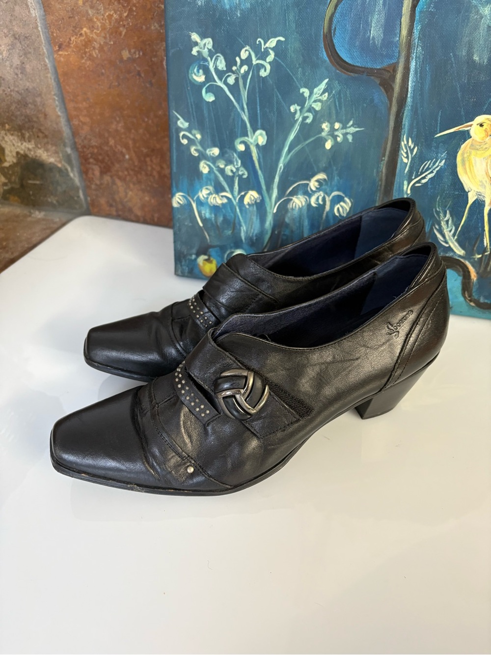 Dorking Black Leather Low Heel Slip-On Pumps with Decorative Buckle
